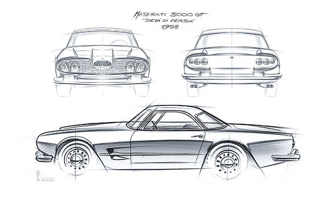 Croquis de la Maserati 5000 GT montrant les vues de face, de profil et de l'arrière du coupé italien