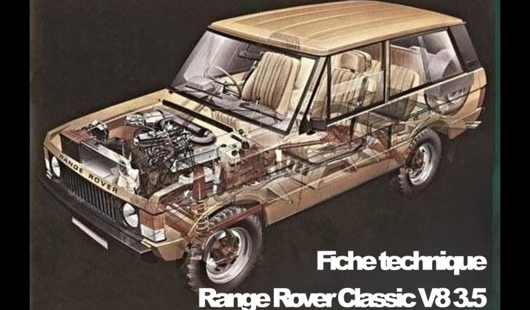 Éclaté technique du Range Rover Classic V8 3.5 avec moteur Rover V8 visible et texte fiche technique Range Rover Classic V8 3.5.