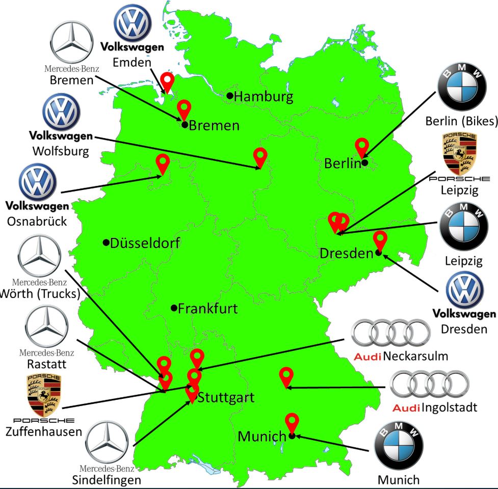 Principales usines automobiles allemandes concernées par la fin du thermique en Europe