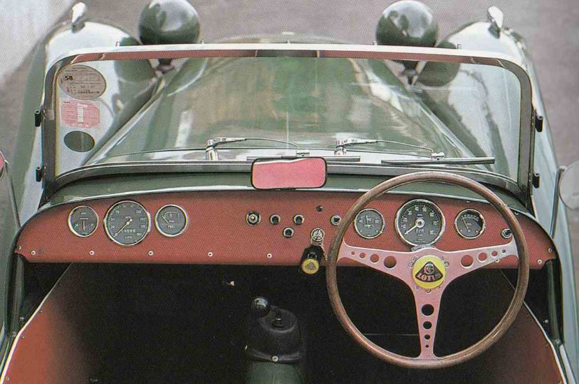 Habitacle minimaliste d'une Lotus Seven avec son tableau de bord dépouillé