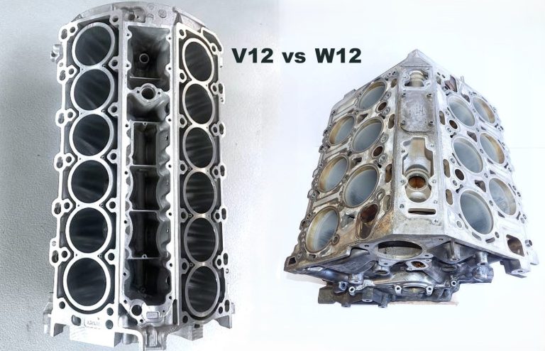 Comparaison entre un moteur V12 et un moteur W12 montrant leur architecture et leur encombrement