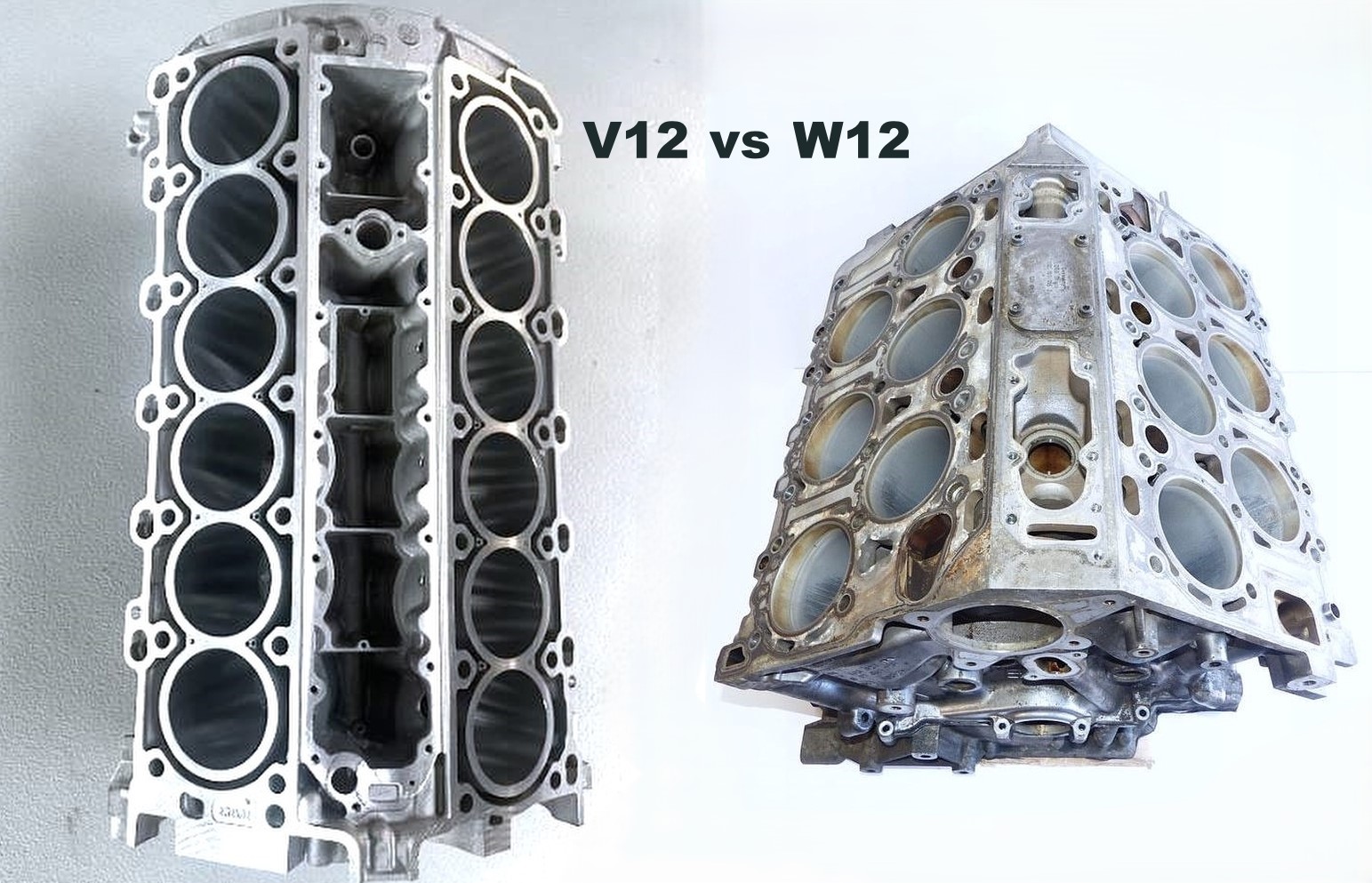 Comparaison entre un moteur V12 et un moteur W12 montrant leur architecture et leur encombrement