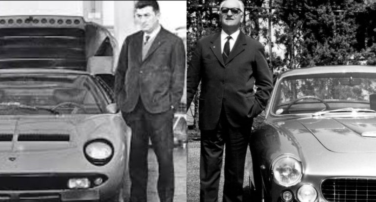 Enzo Ferrari et Ferruccio Lamborghini aux côtés de leurs automobiles emblématiques