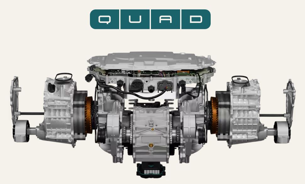 Architecture quadri moteur avec deux moteurs électriques par essieu sur un véhicule électrique Rivian