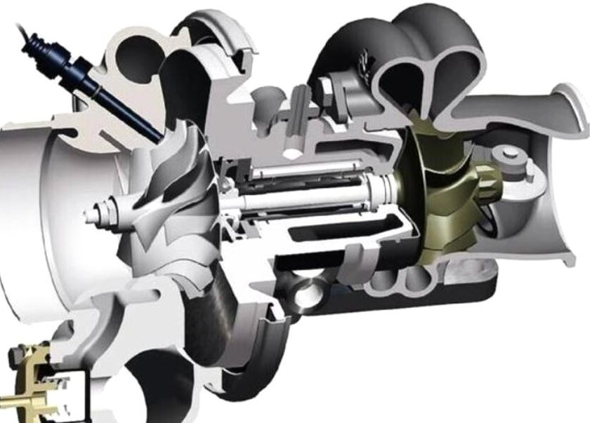 Vue en coupe d'un turbocompresseur Twin Scroll montrant les deux conduits séparés