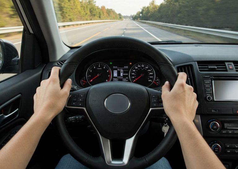 Conducteur au volant d'une voiture sur une route dégagée, symbole du plaisir de conduire au quotidien.