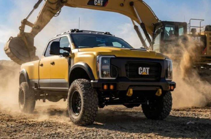 Caterpillar pick-up basé sur un Ford Super Duty devant une pelle mécanique Caterpillar