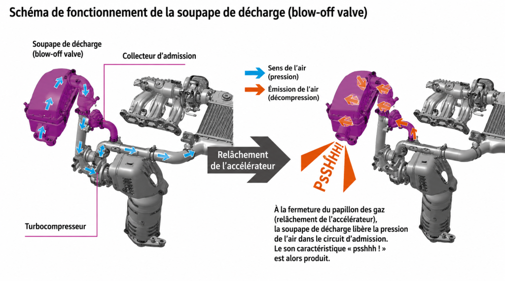 Schéma de fonctionnement d'une blow-off valve rejetant l'air comprimé dans l'atmosphère