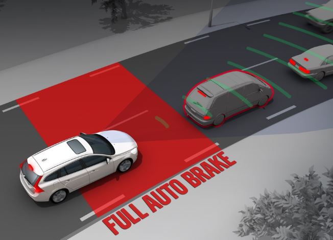 Illustration du freinage automatique d'urgence parmi les systèmes ADAS obligatoires