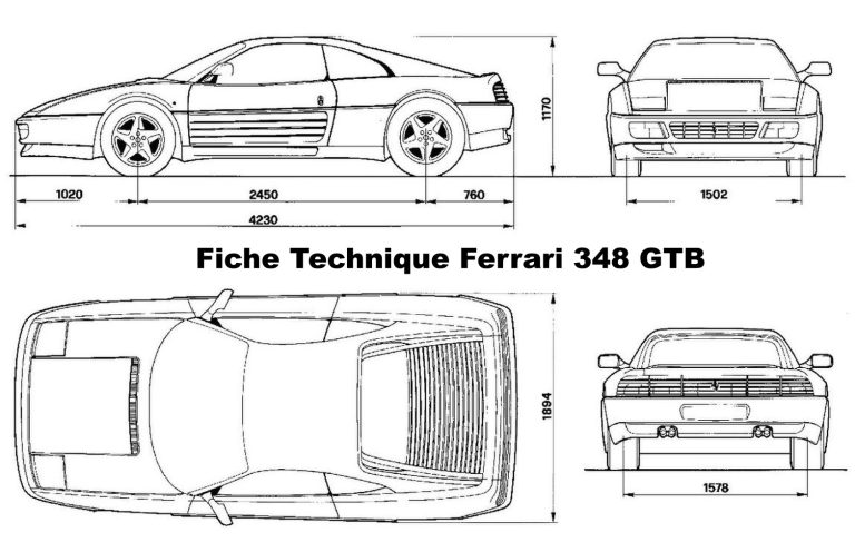 Schéma des dimensions de la Ferrari 348 GTB avec vues de profil, face, arrière et dessus.