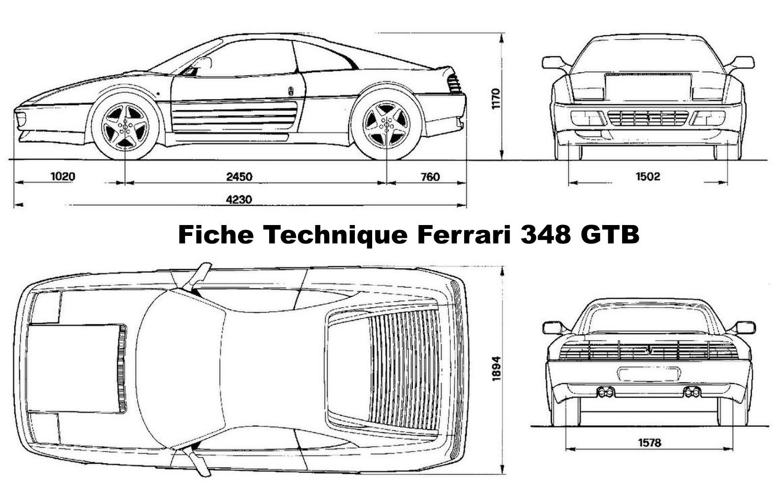 Schéma des dimensions de la Ferrari 348 GTB avec vues de profil, face, arrière et dessus.