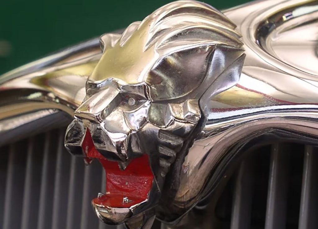 Mascotte de calandre en forme de tête de lion sur une Peugeot 402 des années 1930