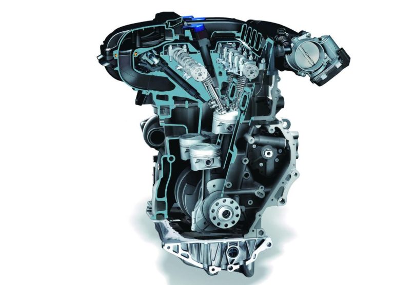 Moteur VR6 Volkswagen en coupe montrant l'architecture compacte à faible angle entre les cylindres