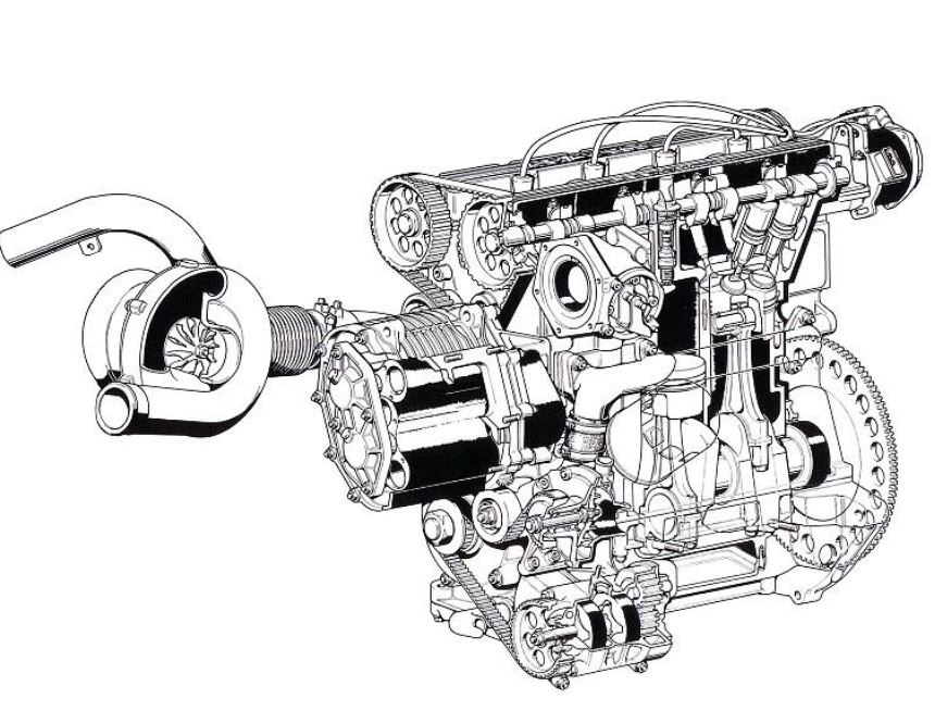 Coupe du moteur twin charge de la Lancia Delta S4 avec compresseur et turbocompresseur