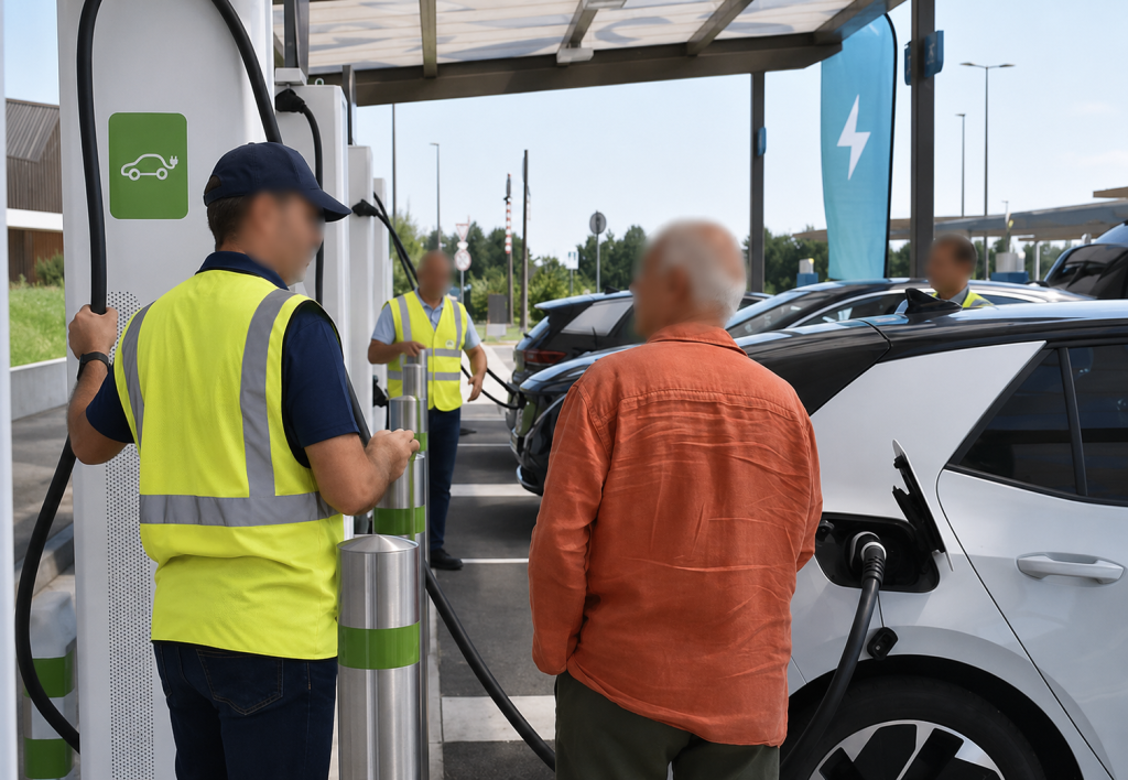 Bornistes aidant les automobilistes rechargeant une voiture électrique sur une aire d'autoroute pendant les vacances d'été