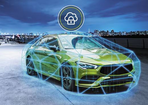Illustration de la cybersécurité protégeant une voiture connectée contre le piratage