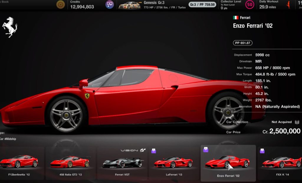 Ferrari Enzo disponible dans Gran Turismo avec ses caractéristiques en jeu
