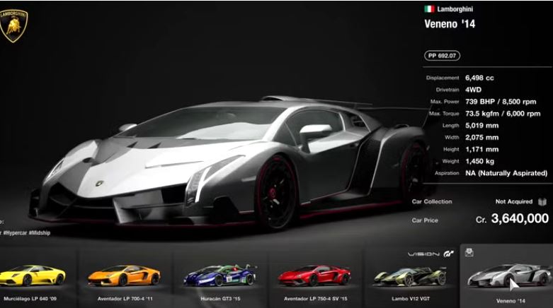 Lamborghini Veneno présente dans le garage de Gran Turismo