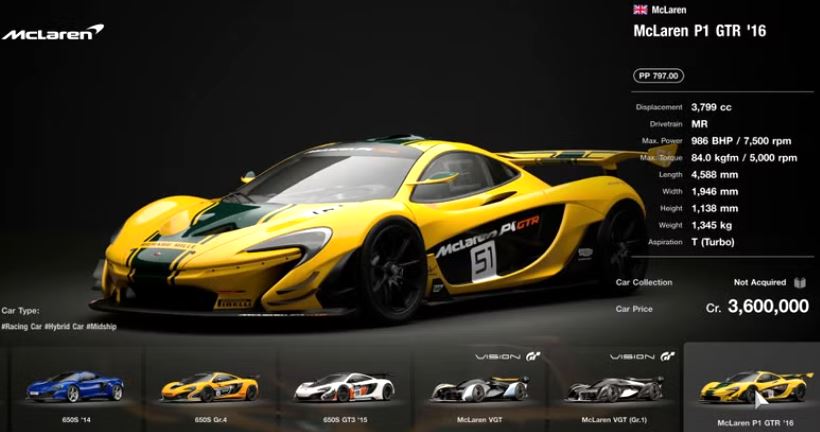 McLaren P1 GTR jouable dans Gran Turismo parmi les supercars les plus performantes