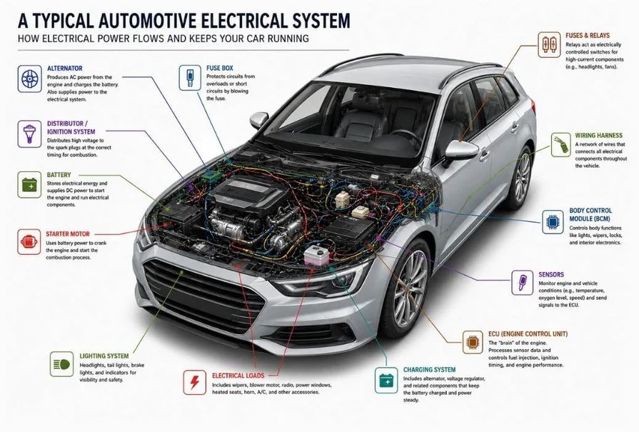 Schéma du système électrique 12 V traditionnel d'une voiture
