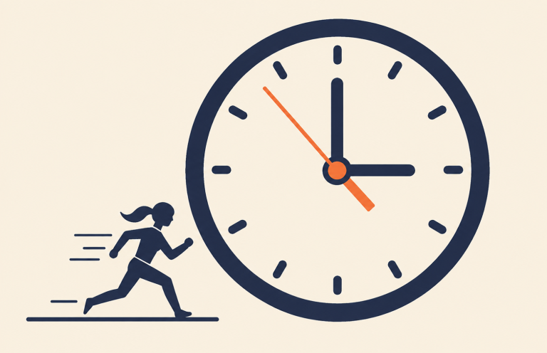 Femme courant devant une grande horloge, illustration de notre besoin constant de gagner du temps.