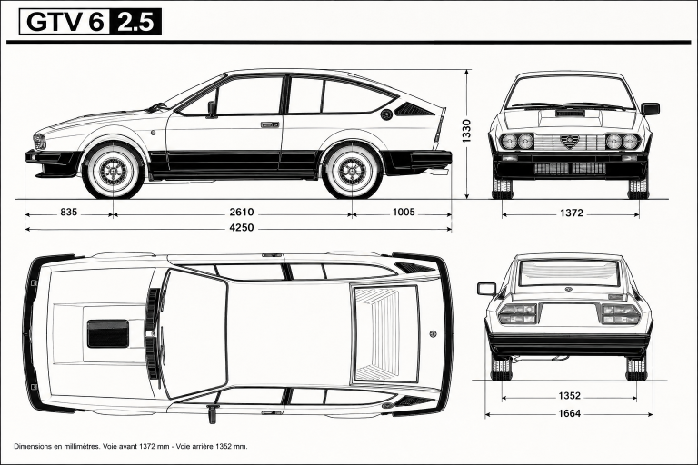 Schéma des dimensions de l'Alfa Romeo GTV6 2.5 avec vues de profil, face, arrière et dessus.