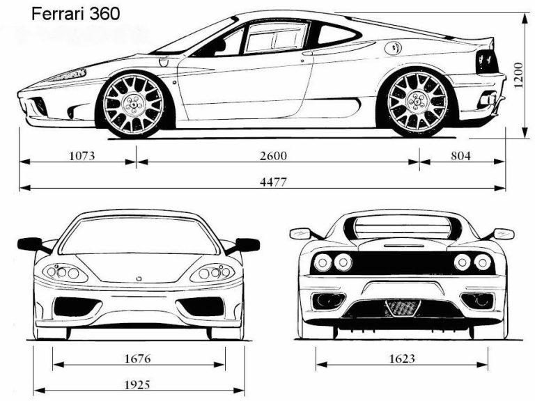 Ferrari 360 Modena rouge présentée sous plusieurs angles, avec vues de profil, de face et de l’arrière.
