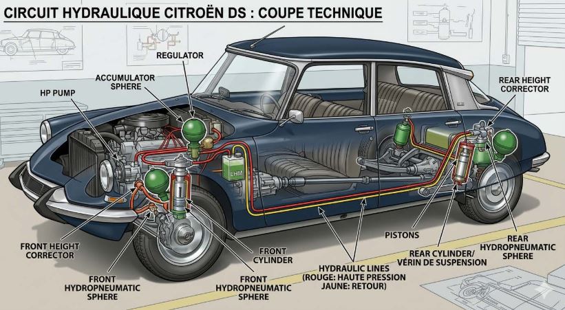 Schéma du fonctionnement de la suspension hydropneumatique de la Citroën DS