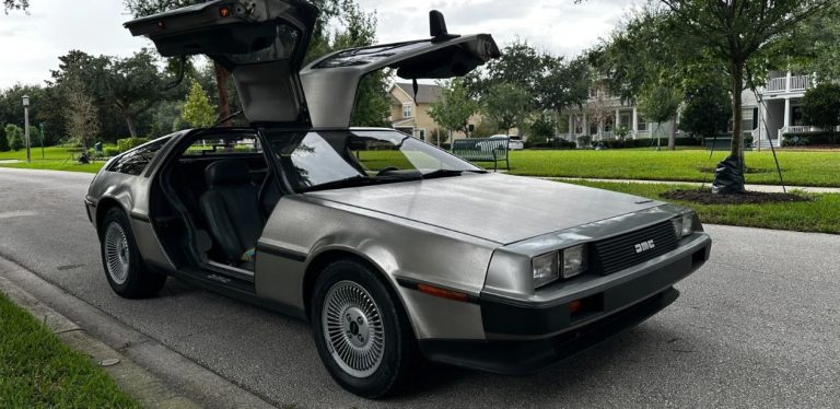 DeLorean DMC-12 de 1983 retrouvée en sortie de grange avec ses portes papillon ouvertes
