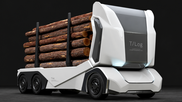 Camion électrique autonome Einride T-log transportant des grumes de bois.