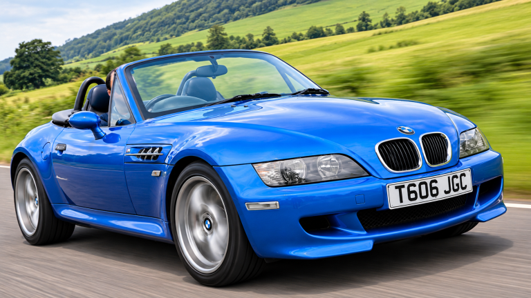 BMW Z3 M bleue vue de trois-quarts avant sur route