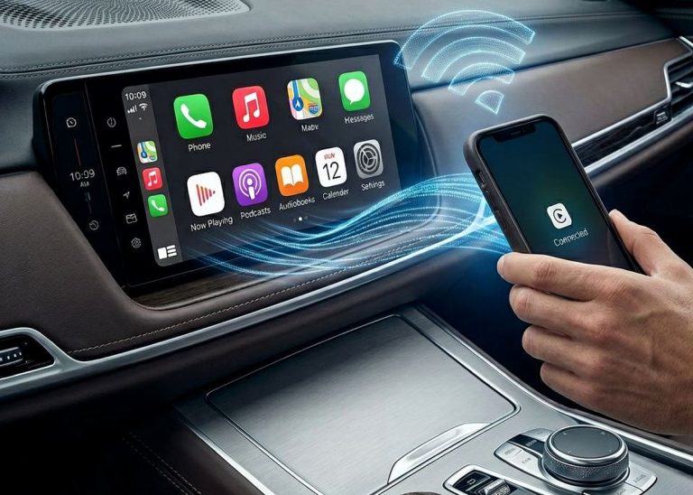 Smartphone connecté au système multimédia d’une voiture et partageant des données
