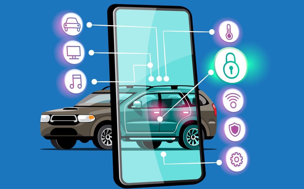 Voiture connectée à un smartphone illustrant les échanges de données personnelles