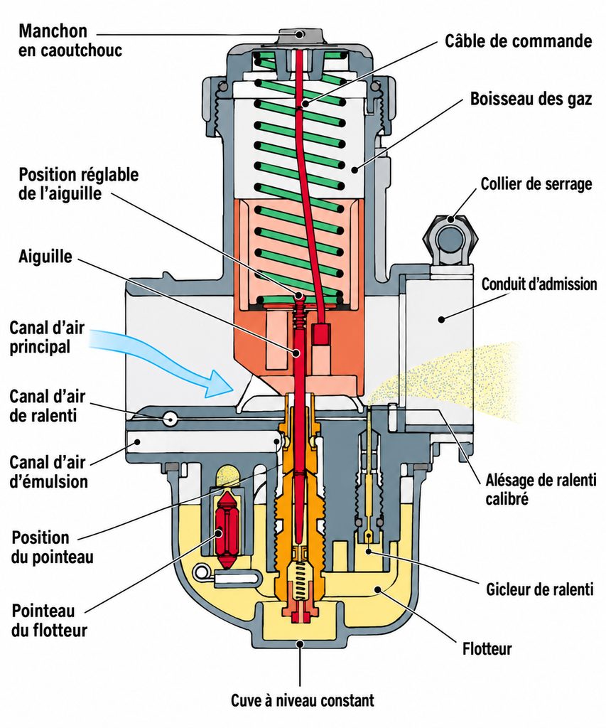 Fonctionnement d’un carburateur avec boisseau, aiguille, gicleurs et cuve à niveau constant