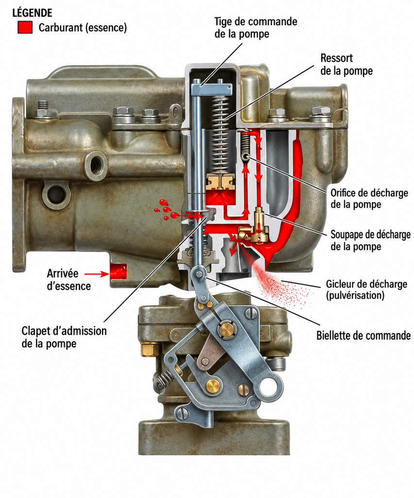 Fonctionnement de la pompe de reprise d’un carburateur et pulvérisation de l’essence