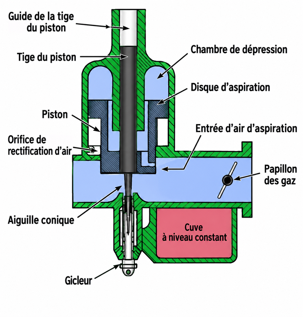 Coupe d’un carburateur SU à dépression avec piston, aiguille conique et papillon des gaz