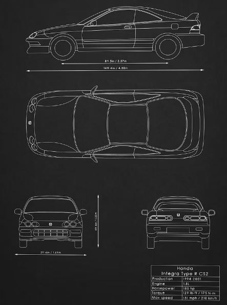 Honda Integra Type R DC2 présentée en vues de profil, dessus, face et arrière avec ses principales dimensions techniques.