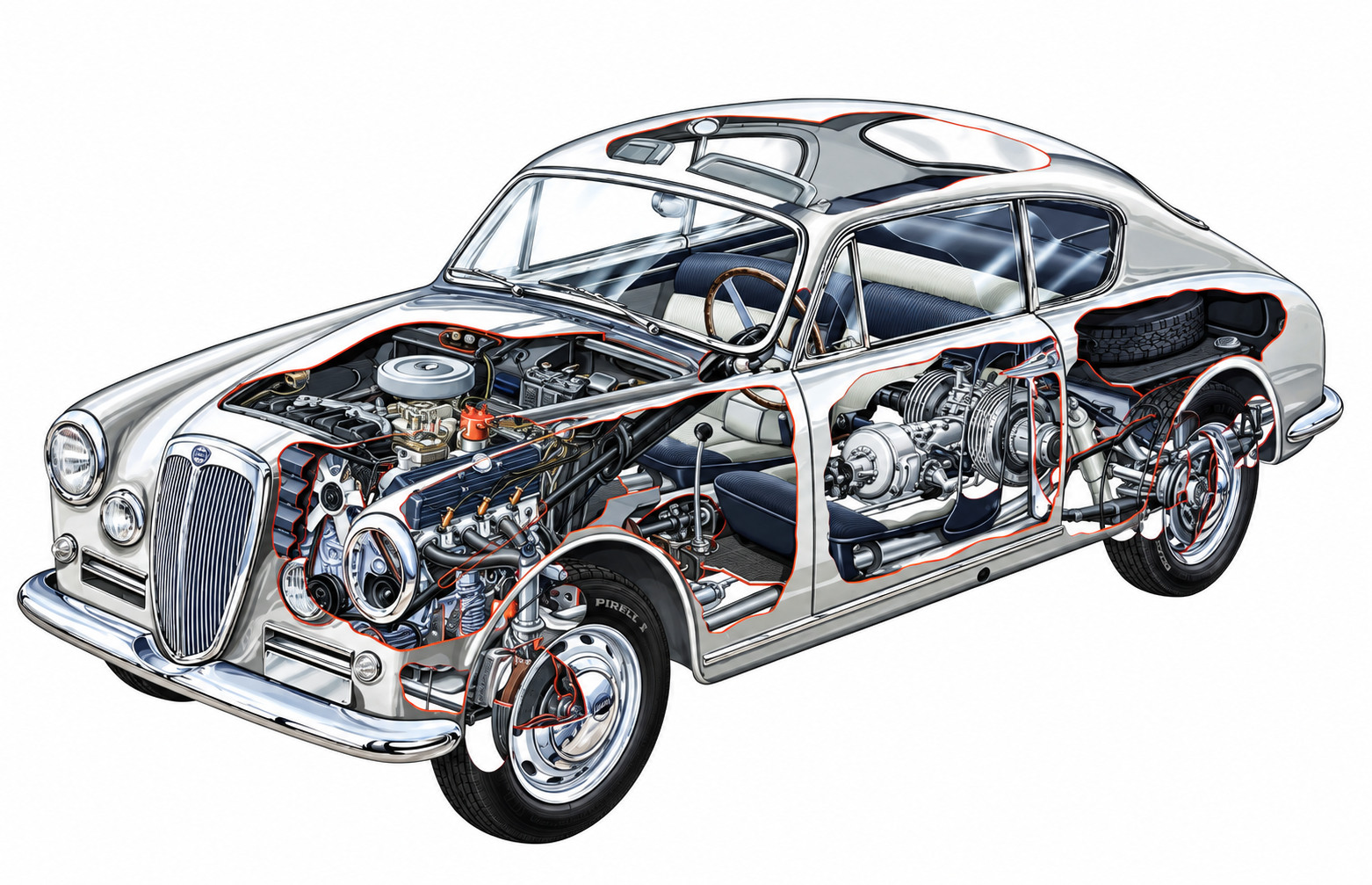 Lancia Aurelia B20 en vue écorchée montrant le V6 avant, la transmission transaxle arrière et les principaux éléments mécaniques.
