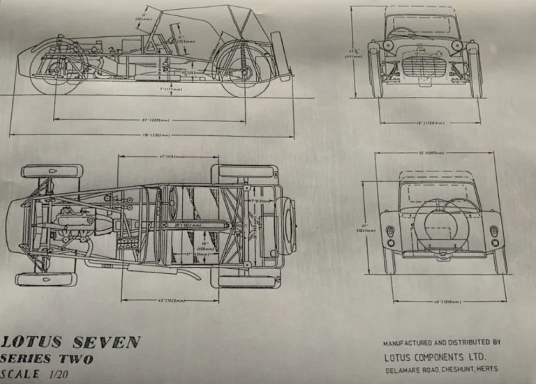 Plan technique de la Lotus Seven Series 2 avec vues de profil, dessus, face et arrière et principales dimensions.