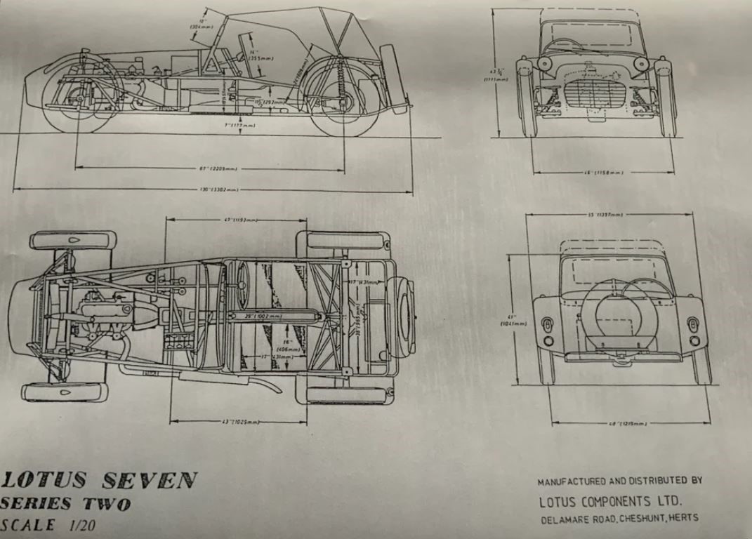 Plan technique de la Lotus Seven Series 2 avec vues de profil, dessus, face et arrière et principales dimensions.