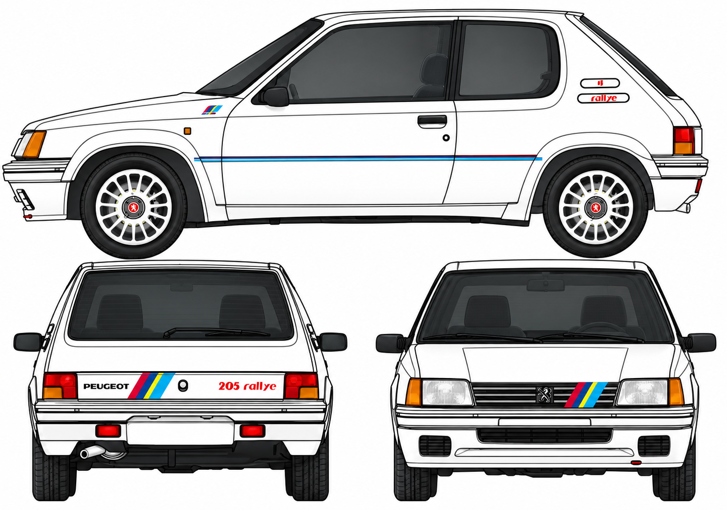 Peugeot 205 Rallye blanche présentée de profil, de face et de l’arrière, avec sa décoration Peugeot Talbot Sport.