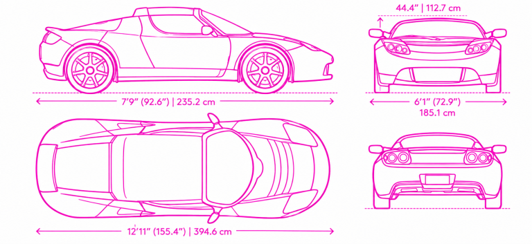 Tesla Roadster 2008 présenté en vues de profil, dessus, face et arrière avec ses principales dimensions.