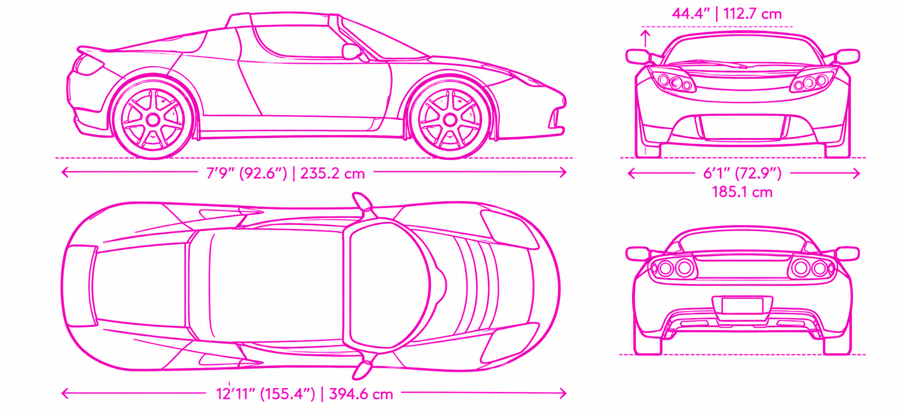 Tesla Roadster 2008 présenté en vues de profil, dessus, face et arrière avec ses principales dimensions.