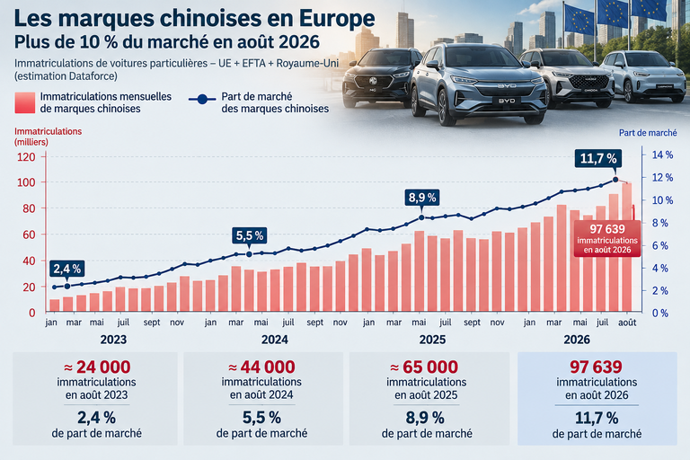 Progression des marques chinoises en Europe jusqu’à 11,7 % du marché en août 2026