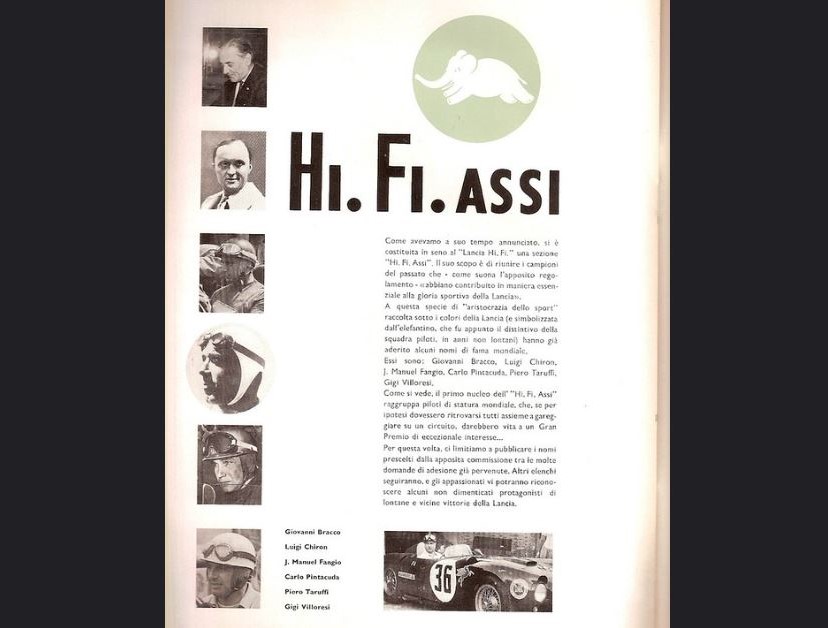 Document d’époque du Lancia Hi-Fi Assi avec ses pilotes membres