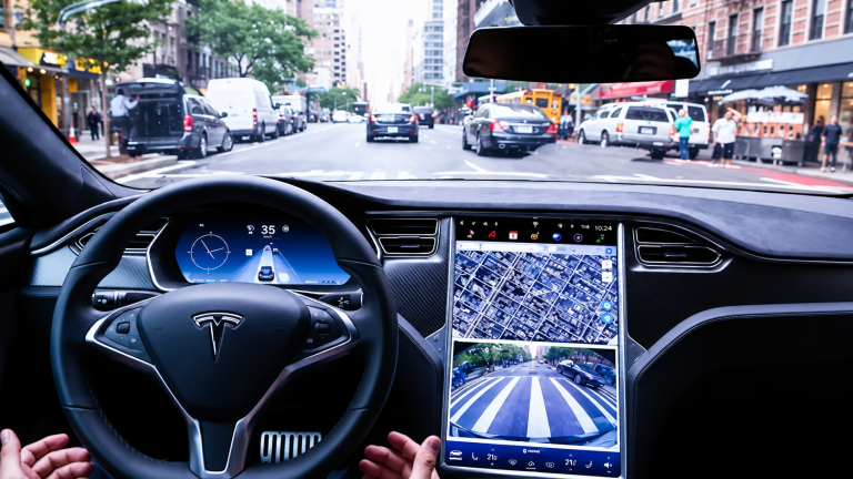Intérieur d’une Tesla avec affichage des aides à la conduite sur le tableau de bord, en circulation urbaine.