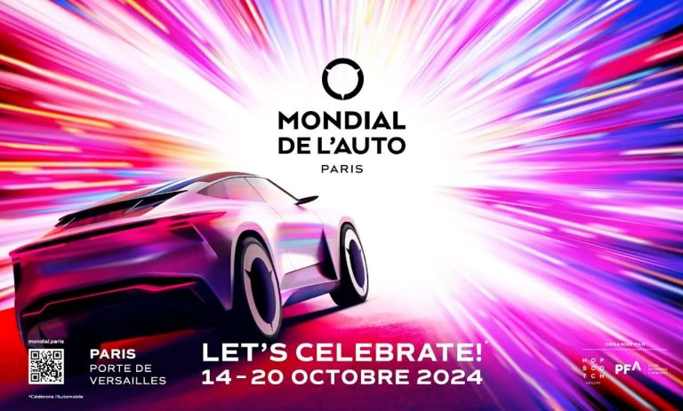 Affiche officielle du Mondial de l’Auto de Paris 2024, avec une voiture sportive futuriste sur fond coloré.