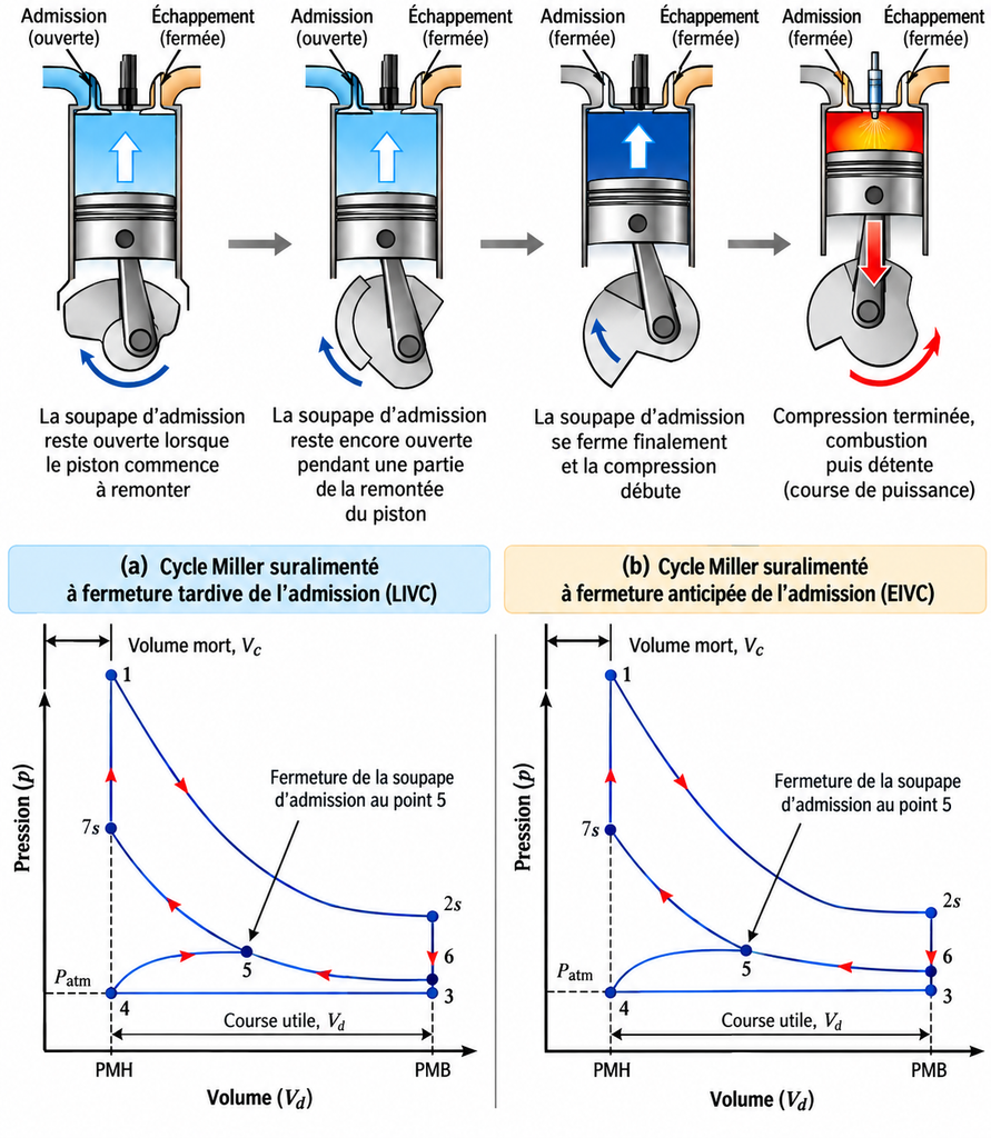 Schéma du cycle Miller montrant la fermeture retardée de l'admission et les diagrammes pression-volume des cycles LIVC et EIVC.