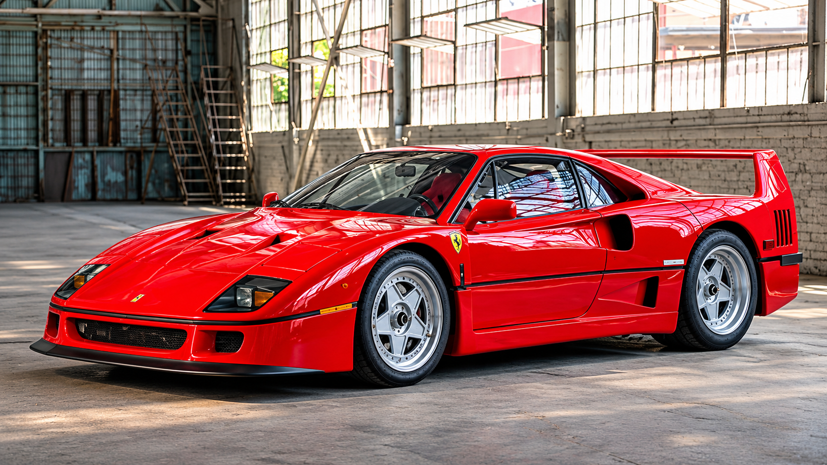 Ferrari F40 rouge de 1987, supercar emblématique du cheval cabré avec son immense aileron arrière.