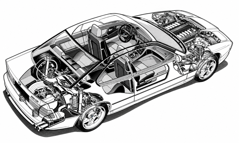 Vue écorchée de la BMW 850 CSi montrant son moteur V12 avant, son habitacle, ses suspensions et les principaux éléments mécaniques.